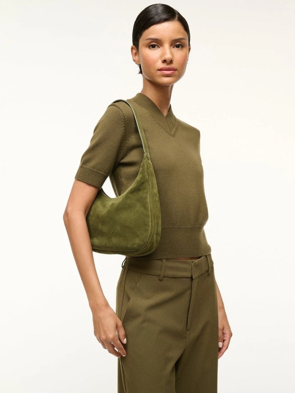 Staud Sylvie Olive Suede Shoulder Bag - Picture 6 of 8